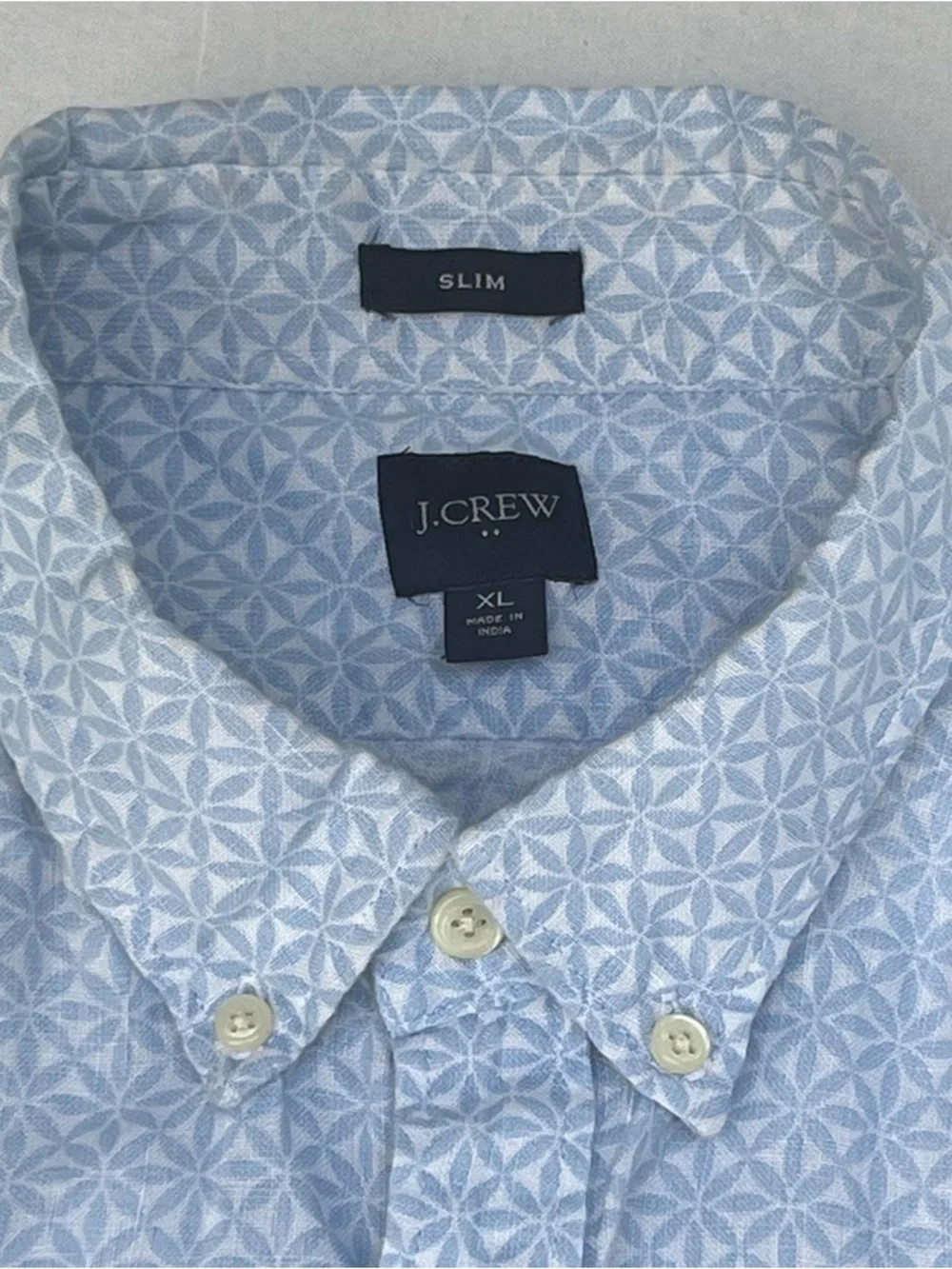 J Crew Men’s Slim Blue Geometric Summer Cotton Linen Shirt Collar Pocket Size XL
